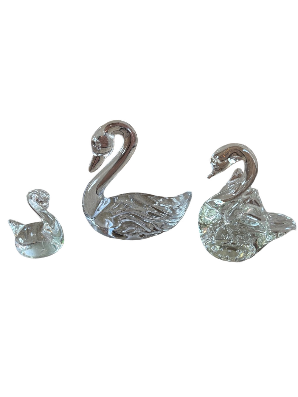 Set of 3 clear blown glass swans